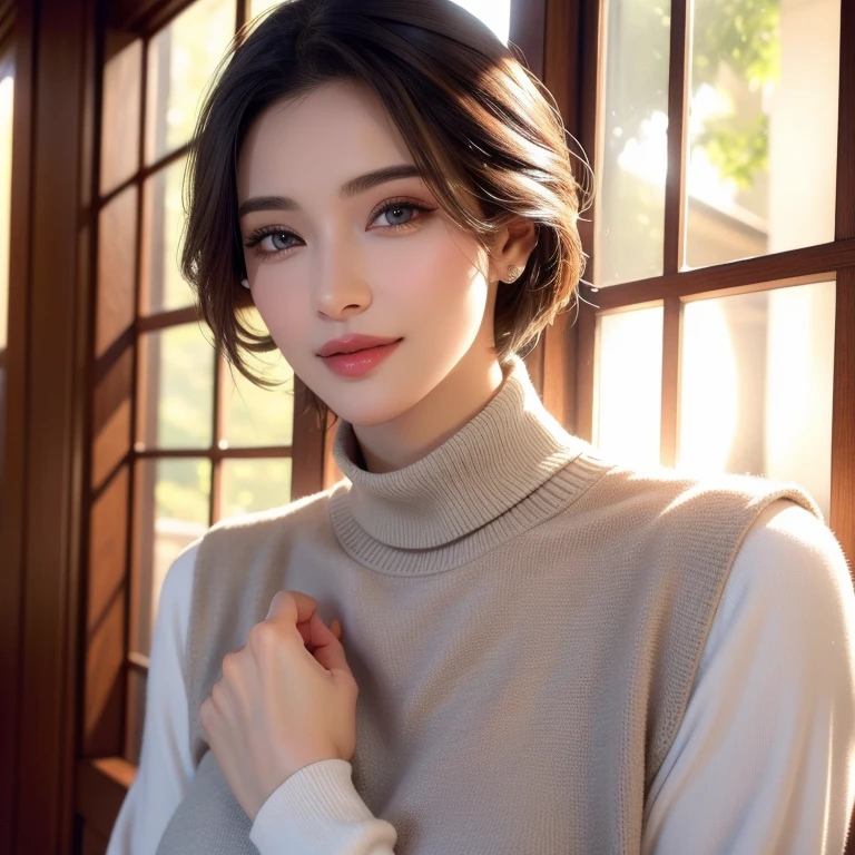 A beautiful young woman, short hair, (1girl), casual outfit, detailed face, alluring eyes, full lips, large bust, turtle neck t-shirt, gray vest, outdoor setting, soft lighting, warm colors, (best quality,4k,8k,highres,masterpiece:1.2),ultra-detailed,(realistic,photorealistic,photo-realistic:1.37),cinematic, beautiful detailed eyes, beautiful detailed lips, extremely detailed face and eyes, long eyelashes, intricate clothing textures, elegant posing, warm smile, romantic atmosphere