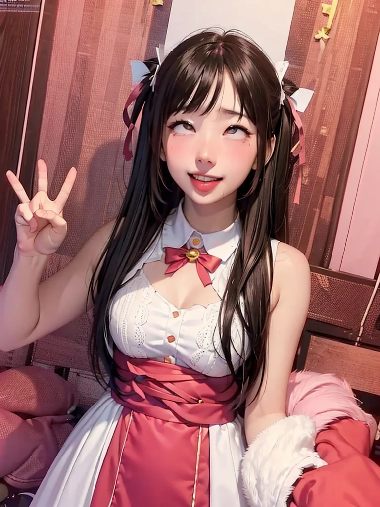 1girl,looking at viewer,smile,peace sign,pink kawaii room,heart item,standing,upper body,ahegao,舌を出す