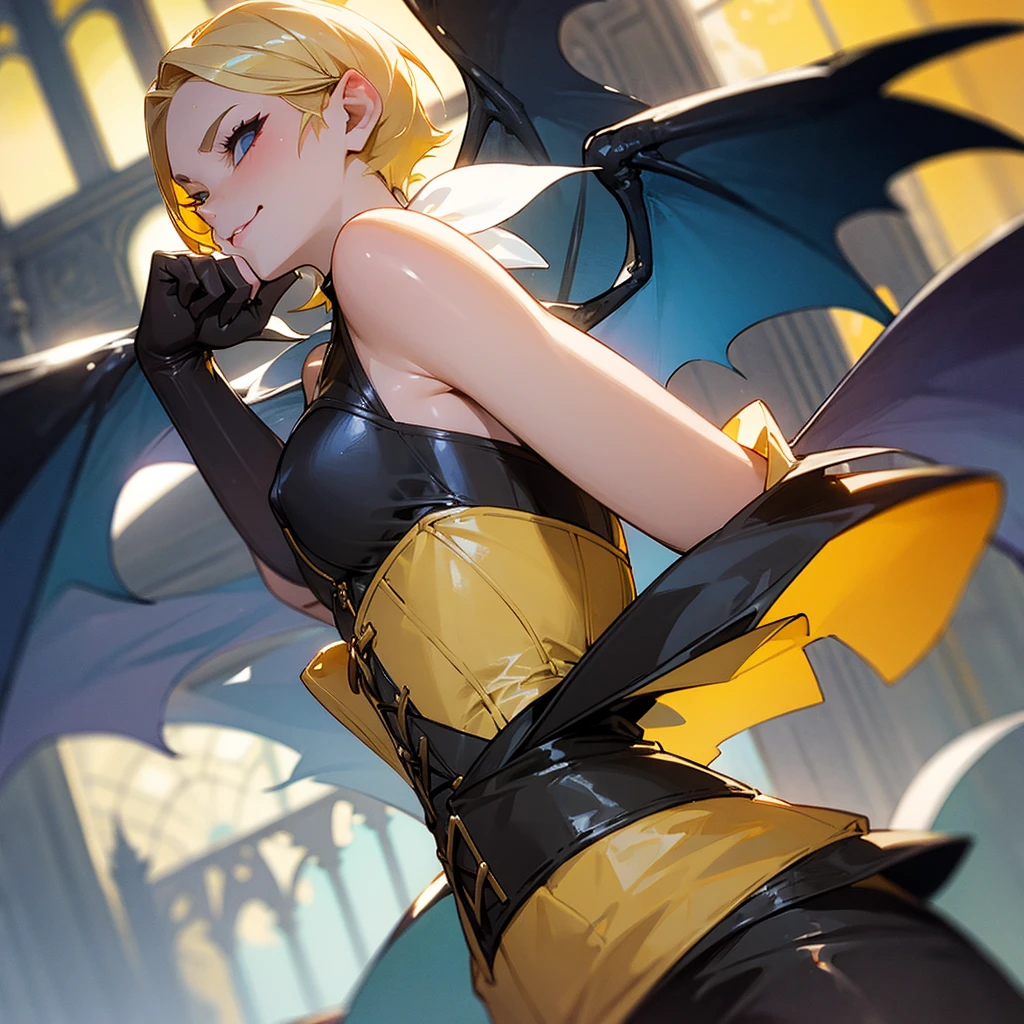 Sneer Yellow corset dress Short blonde hair Bat wings