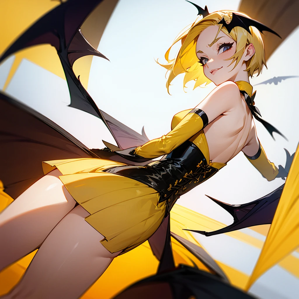Sneer Yellow corset dress Short blonde hair Bat wings