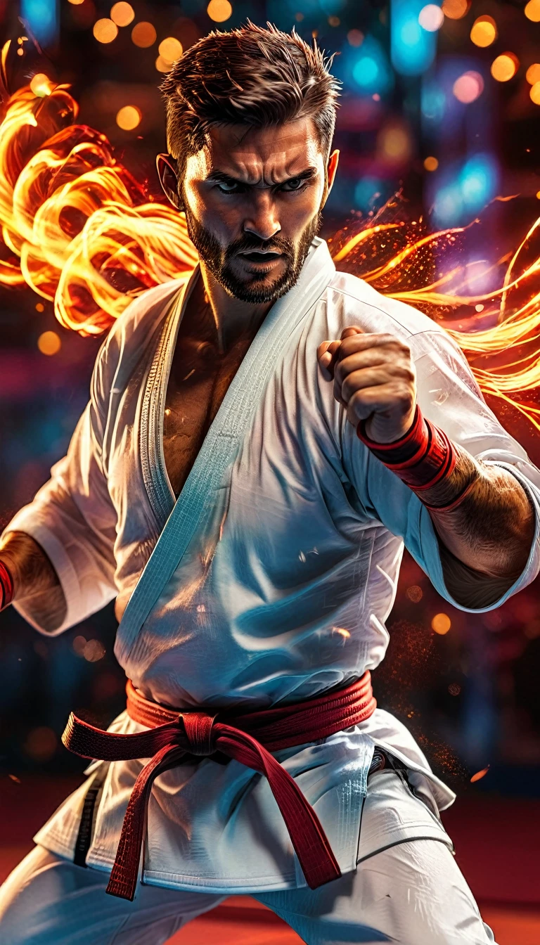 A karate fighter in action, detailed muscular body, intense martial arts pose, powerful kick, dramatic lighting, cinematic composition, vibrant colors, dynamic motion blur, hyper-realistic, 8K, 3D render, photorealistic, dramatic cinematic lighting, dramatic cinematic composition, highly detailed martial arts scene, ultra-detailed, best quality, masterpiece, professional photographer, physically-based rendering, extreme detail description, vivid colors, bokeh