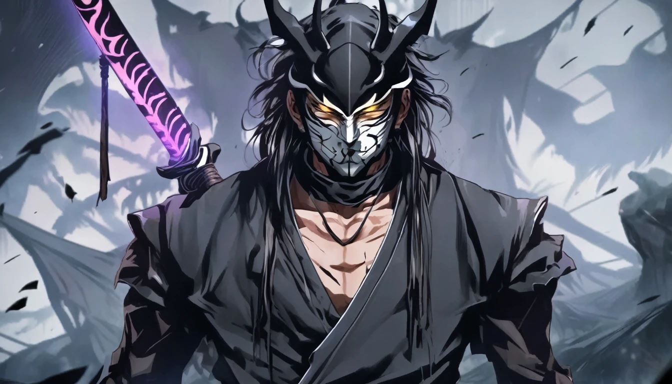 ninja mask, cape,close up, black heavy detailed clothes, katana, art, dark and malevolent, hand sword, armor, powerful and intimidating, (masterpiece, best quality, ultra-detailed, best shadow), (detailed background, dark fantasy) dramatic light, intricate details, dark and malevolent, powerful and intimidating, Dark and foreboding, malevolent force, sinister and chilling, armor, high detailed background, girl in demon slayer art, demon slayer art style, epic anime art, God death