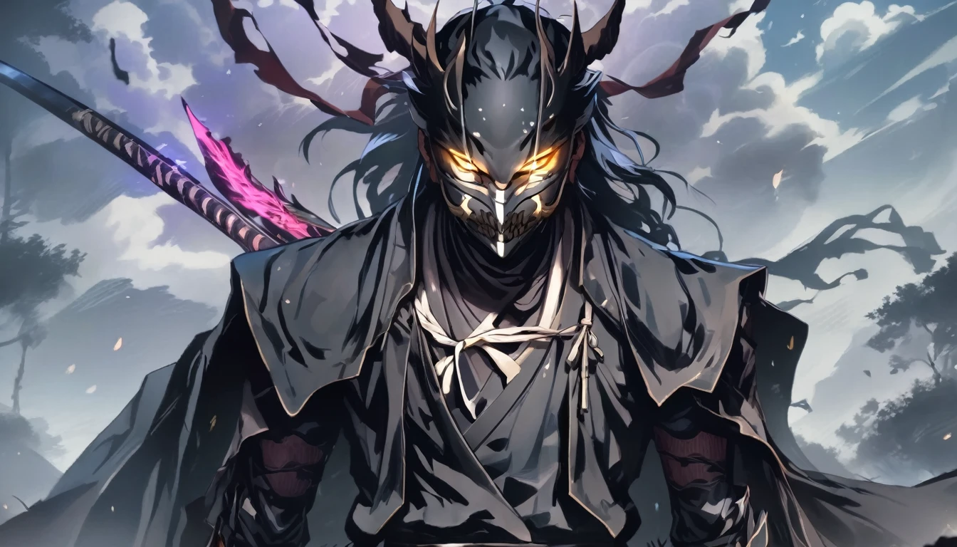 ninja mask, cape,close up, black heavy detailed clothes, katana, art, dark and malevolent, hand sword, armor, powerful and intimidating, (masterpiece, best quality, ultra-detailed, best shadow), (detailed background, dark fantasy) dramatic light, intricate details, dark and malevolent, powerful and intimidating, Dark and foreboding, malevolent force, sinister and chilling, armor, high detailed background, girl in demon slayer art, demon slayer art style, epic anime art, God death