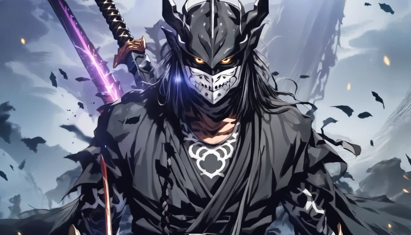 ninja mask, cape,close up, black heavy detailed clothes, katana, art, dark and malevolent, hand sword, armor, powerful and intimidating, (masterpiece, best quality, ultra-detailed, best shadow), (detailed background, dark fantasy) dramatic light, intricate details, dark and malevolent, powerful and intimidating, Dark and foreboding, malevolent force, sinister and chilling, armor, high detailed background, girl in demon slayer art, demon slayer art style, epic anime art, God death