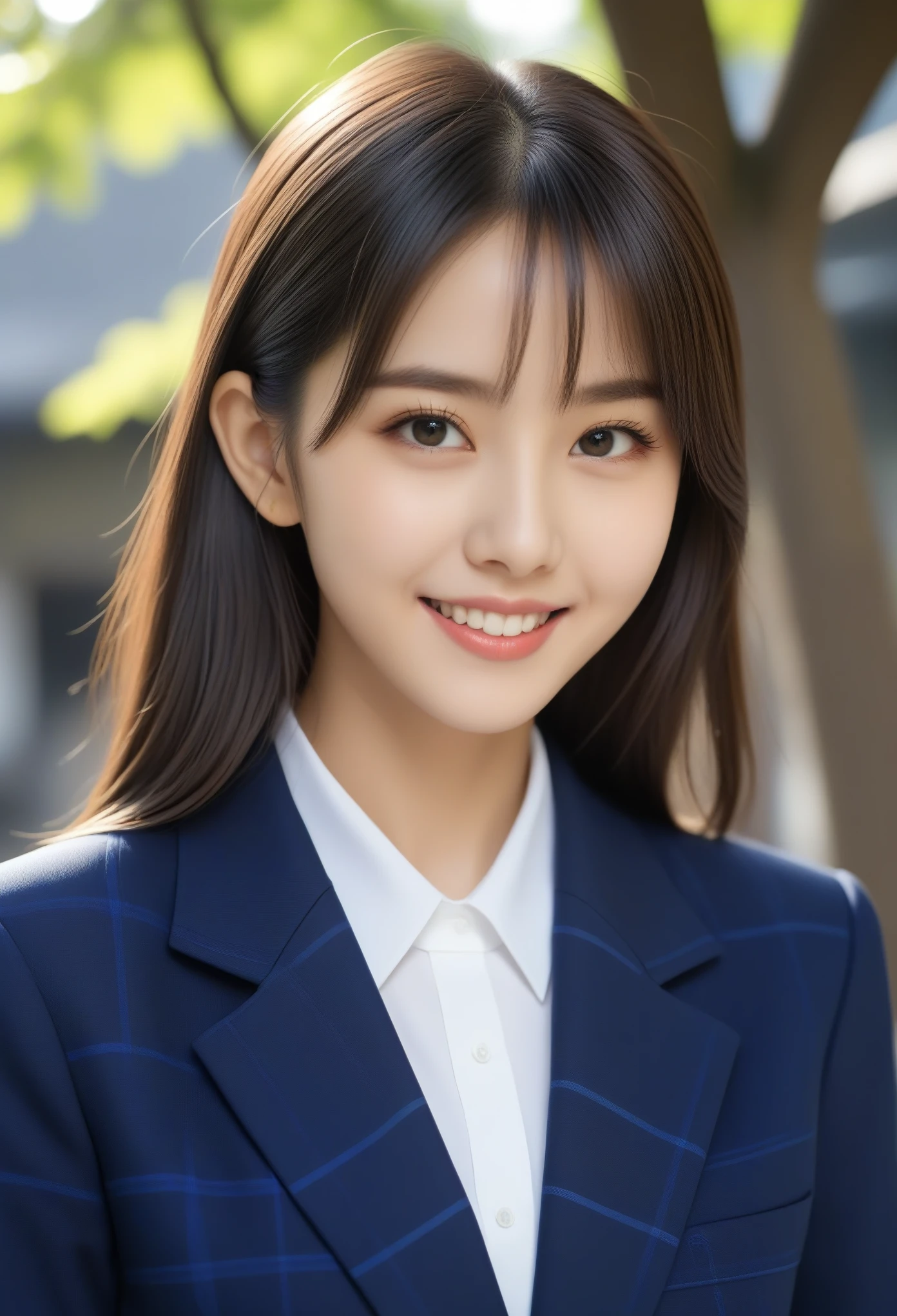 8K, Ultra-high resolution, Highest quality, masterpiece, 三分割法によるphotograph,Surreal, photograph, 1 Girl, (16 years old:1.3), pretty girl, Cute face, Beautiful eyes in every detail, 細かくdetailedに,masterpiece,, One Girl:1.2, Japan Female Announcer、Cowboy Shot,((very small head:1.3)),Center-parted bangs,amount,Black Hair,Long Hair,Iris,Gorgeous eyes,smile,((Toned body,Slender body,skinny)),(school uniform、Dark blue blazer jacket、Navy blue tie、Grey plaid pleated mini skirt),Glowing Skin,Shiny skin,Urban area,street tree,Full of sex appeal,Sensual,屈託のないsmile,Heal the heart,Looking at the audience、beauty,Long neck、Laugh a little、Please close your mouth and laugh、(((Ideal body type))),A cup small breasts :2,、Portraiture:2、Perfect Anatomy、鮮明なdetailed、detailed、Surreal、Light and shadow,Strong light