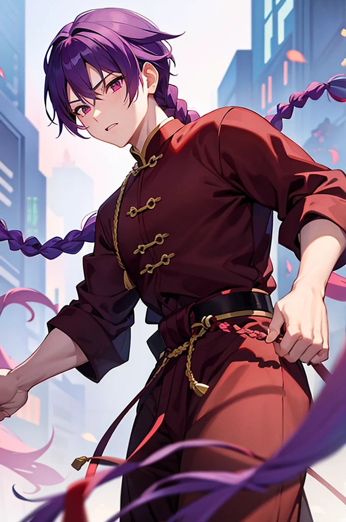 Purple Hair、Red eyes、White background、Anime characters、Knot、Braid、A man wearing black kung fu clothing、A young man with a determined look、Man standing facing forward、juvenile