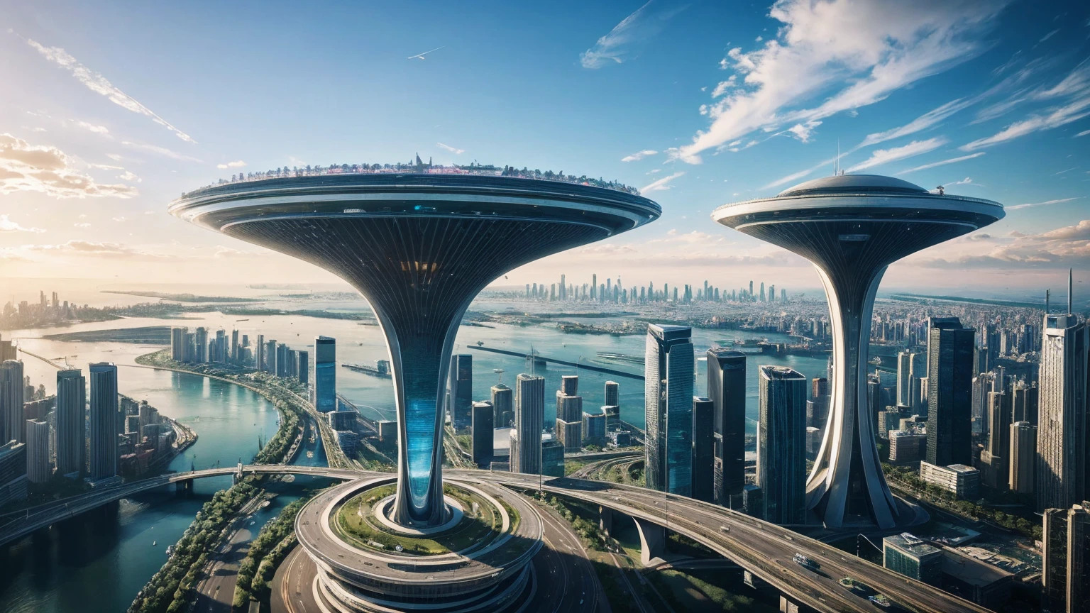 (Best quality,4K,8K,A high resolution,Masterpiece:1.2),Ultra-detailed,(Realistic,Photorealistic,photo-realistic:1.37),Futuristic floating city,Futuristic technology,Huge urban high-tech tablet platform,Airship,Floating in the sky,Futuristic city,Small airships around,High-tech hemispherical platform,Colorful lights,Advanced architecture,modernn architecture,skyscrapper,Access the cloud,Scenic beauty,view over city,Impressive design,Blend seamlessly with nature,energetic and vibrant atmosphere,Futuristic transportation system,Parking is suspended,Transparent path,Lush greenery,Sky gardens,cascading waterfalls,Magnificent skyline,reflections on the water,Sparkling river,Architectural innovation,futuristic skyscrapers,Transparent dome,The shape of the building is unusual,Elevated walkway,Impressive skyline,Glowing lights,Futuristic technology,Minimalist design,Scenic spots,Panoramic view,Cloud Piercing Tower,Vibrant colors,epic sunrise,epic sunset,Dazzling light display,magical ambiance,The future city,Urban Utopia,LuxuryLifestyle,Innovative energy,sustainable development,Smart city technology,Advanced infrastructure,Tranquil atmosphere,Nature and technology live in harmony,Awesome cityscape,Unprecedented urban planning,Architecture connects seamlessly with nature,High-tech metropolis,A cutting-edge engineering marvel,The future of urban living,Visionary architectural concept,Energy-efficient buildings,Harmony with the environment,A city floating above the clouds,Utopian dreams become reality,The possibilities are endless,State-of-the-art transportation network,Green energy integration,Innovative materials,Impressive holographic display,Advanced communication system,Breathtaking aerial view,Quiet and peaceful environment,Modernist aesthetics,Ethereal beauty