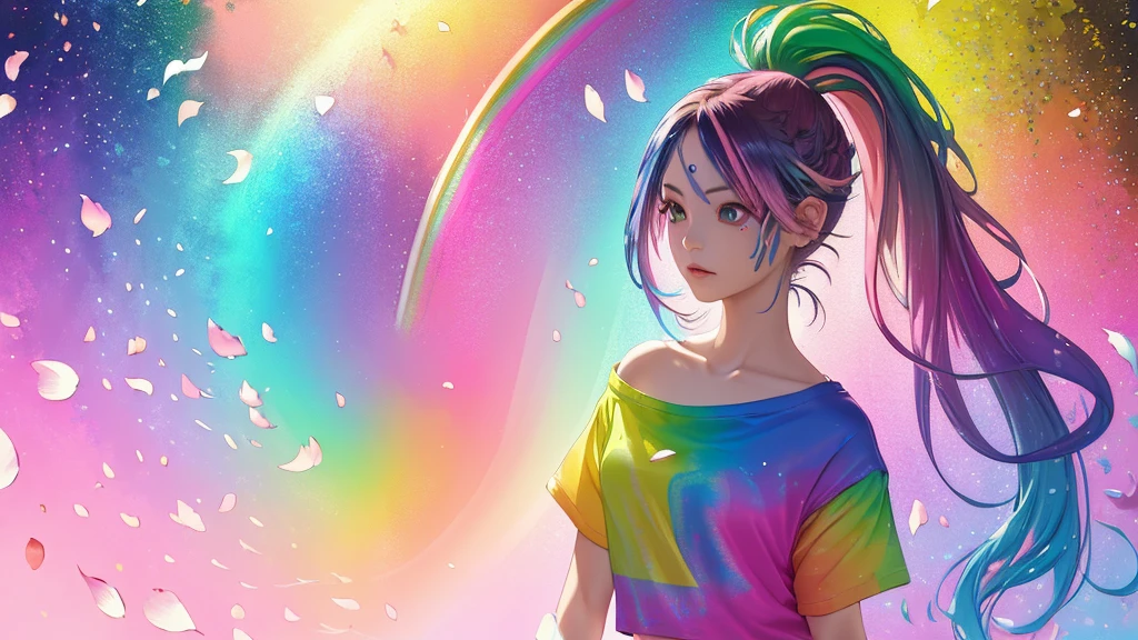 (Pink Fashion T-Shirt: 1.9), (colorfulな髪: 1.8), (All the colors of the rainbow: 1.8), (((Vertical painting: 1.6))), (painting: 1.6), front, manga, figure, painting, Big eyes, Crystal Clear, (Rainbow gradient high ponytail: 1.7), Delicate makeup, shut up, (Small freshness: 1.5), (Bandeau: 1.6), Long eyelashes, White off-shoulder T-shirt, White shoulder shirt, Looking at the audience, Big teary eyes, (Rainbow Hair: 1.6), カラーsplash, (alone:1.8), カラーsplash, An explosion of colors, カラーsplash, An explosion of colors, 厚漆Wind, Messy Lines, ((The Shining)), (colorful), (colorful), (colorful), colorful, Thick paint Style, (splash) (Color splash), Vertical painting, Upper Body, paint splash, Acrylic Pigments, Slope, paint, Best image quality, masterpiece, alone, Depth of written boundary, Face paint, colorful clothes, (grace: 1.2), nice, Long Hair, Wind, (grace: 1.3), (petal: 1.4), ((masterpiece))), ((Highest quality))), (Super detailed), (figure), (Dynamic Angle), (floating), (paint), ((Hair loss)), (alone), (One girl), ( ( ( Detailed anima face))), (( Beautifully detailed face)), collar, Exposed shoulders, Gray Hair, ((Colored Hair)), ((Striped Hair)), Beautiful attention to detail, (Gradient Eye), (Colored eyes))), (Colored Background))), (High saturation))), ((surrounded by colorful splashes))),