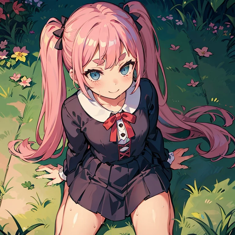 Girl with pink hair, long twintail hairstyle, ((small bushy eyebrows)), wearing gothic lolita clothing, lolicon , walking to school, flirty smile,, bored look, bored face,, (sitting with legs open lifting her skirt to show her vagina wet with semen), sitting  missionary sex , male pov, looking from above view
