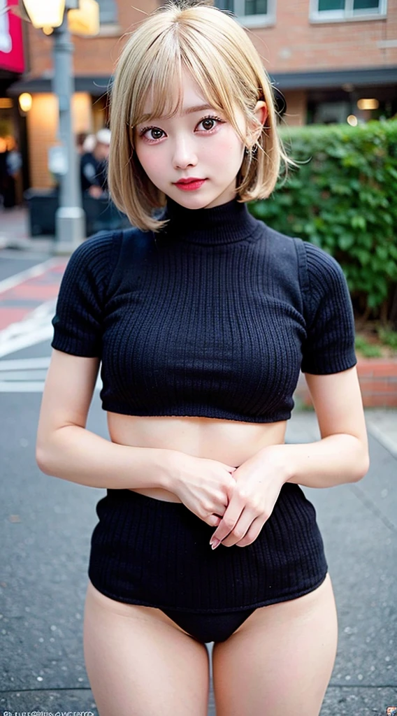 (8K, RAW Photos:1.2),Detailed face and eyes,最high quality, Ultra-high resolution, Very detailed ,Intricate details ,Tabletop ,pretty girl , Soft cinematic light, Hyper Detail,Sharp focus, high quality,Blonde, Bobcut, outside, knit, mini skirt, panties, Peeking from below