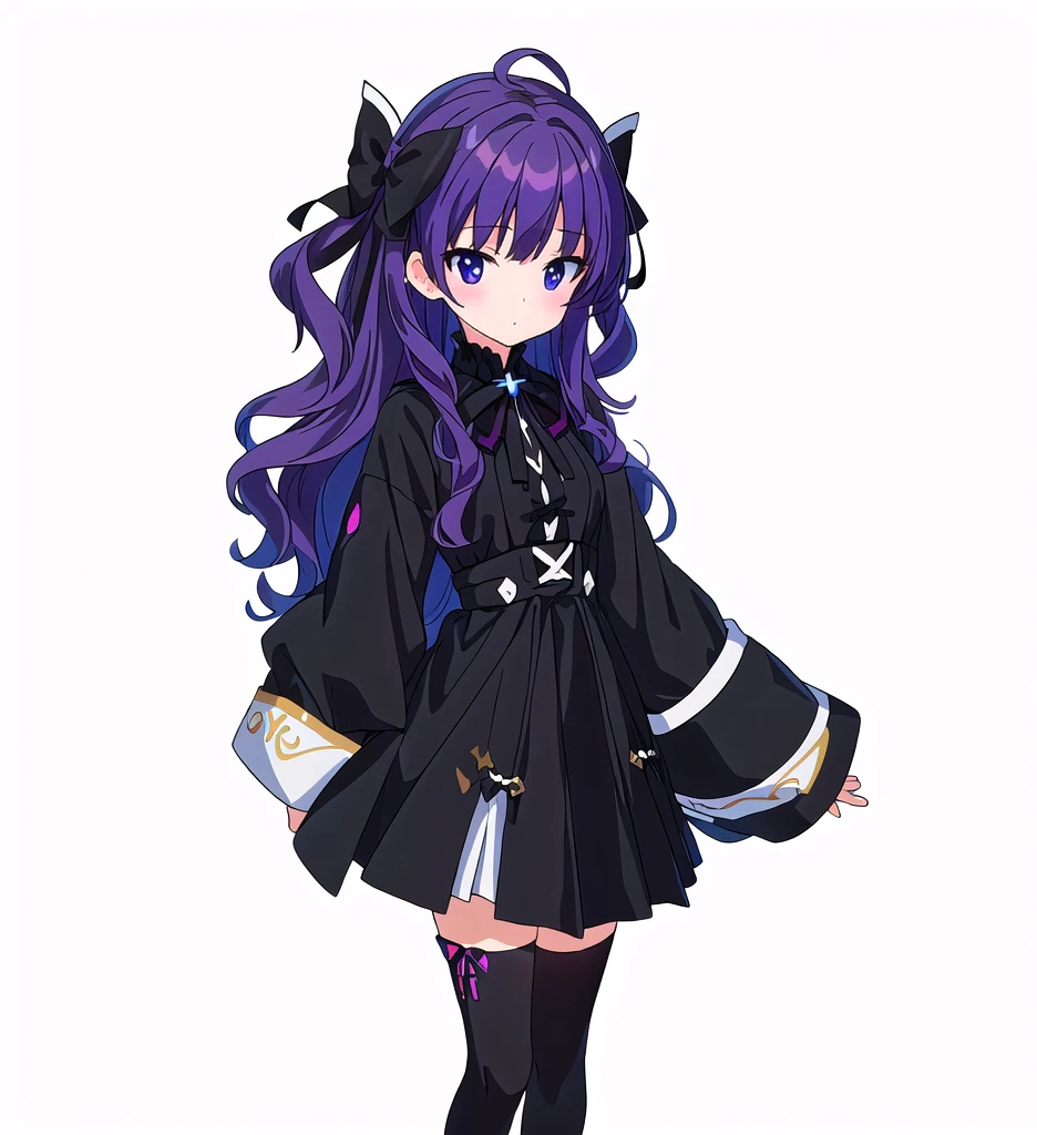 Highest quality, high resolution, High quality game art style, Official Art, whole body, Smooth game CG art,　Cute 3D anime girl render, Visual Novel Sprites, White background, whole body, Smooth anime CG art, humanoid woman, JRPG Characters, Anime girl in a black dress and black coat, Gothic Lolita,Long skirt, White knee-high socks,Anime girl with purple hair, Black Ribbon, black eye, Thin legs. Wavy Hair. long hair, Small Bust, Small breasts, ,