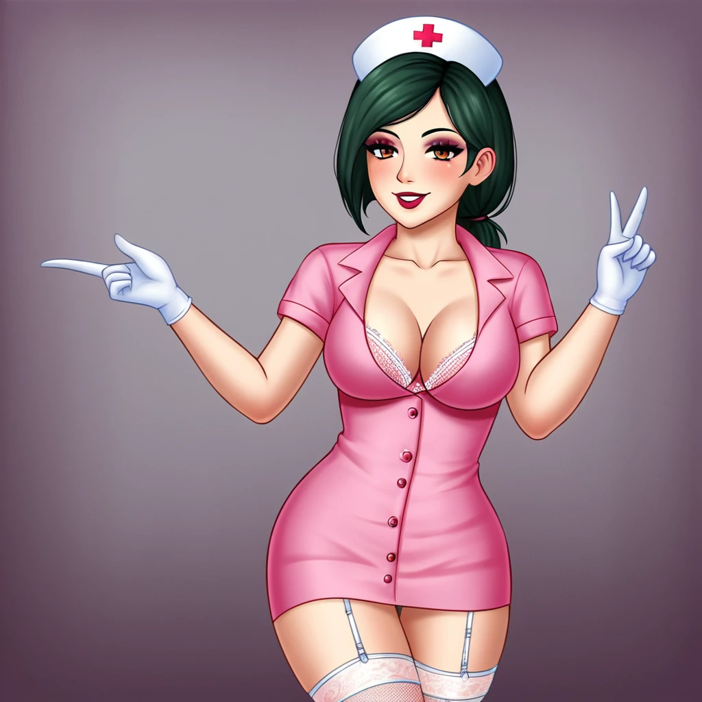 In a dimly lit hospital room, a sultry young female nurse stands out against the somber backdrop. Dressed in lacy lingerie, thigh-high stockings, and a nurse's cap, she exudes seductive mystery. Soft, warm glow illuminates her low-cut pink top showcasing ample cleavage, while white gloves add sophistication. Her gaze invites the viewer to step into her world. Ornate medical equipment and eerie shadows hint at gothic horror elements in the background. The nurse's cap and white gloves nod to darker undertones, balancing provocative themes with elegance.