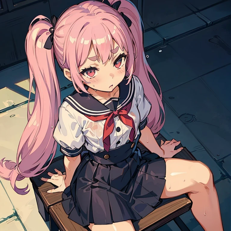 Girl with pink hair, long twintail hairstyle, ((small bushy eyebrows)), wearing gothic ta clothing, loli, walking to school, look very flirtatious,,, (sitting with legs open lifting her skirt to show her vagina wet with semen), missionary sex , male pov, looking from above view