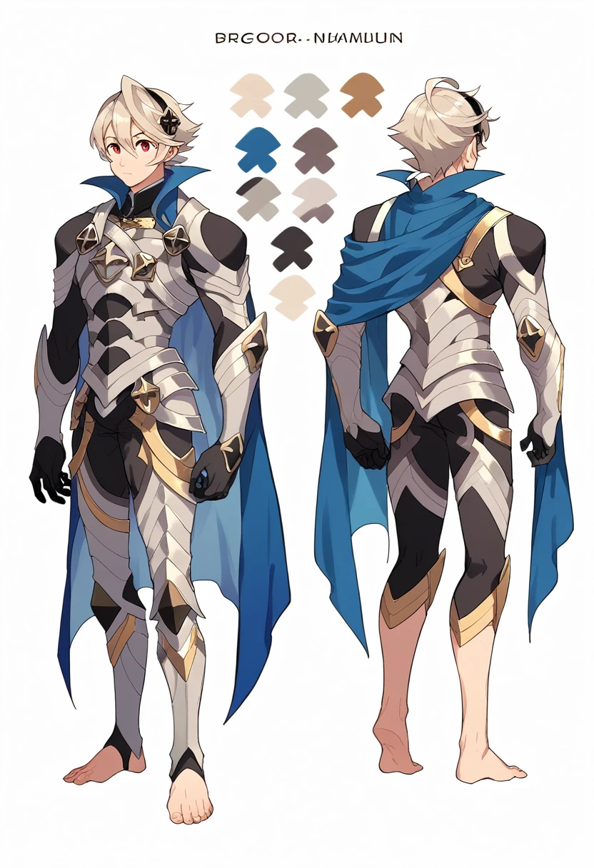 2D model reference sheet of anime boy, tall, corrin, male, white background, tall chibi, big hands and feet, defCor, armor, blue cape, vambraces, black gloves, armored legwear, barefoot, turnaround