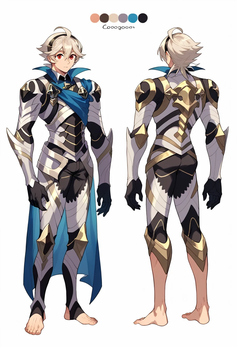 2D model reference sheet of anime boy, tall, corrin, male, white background, tall chibi, big hands and feet, defCor, armor, blue cape, vambraces, black gloves, armored legwear, barefoot, turnaround