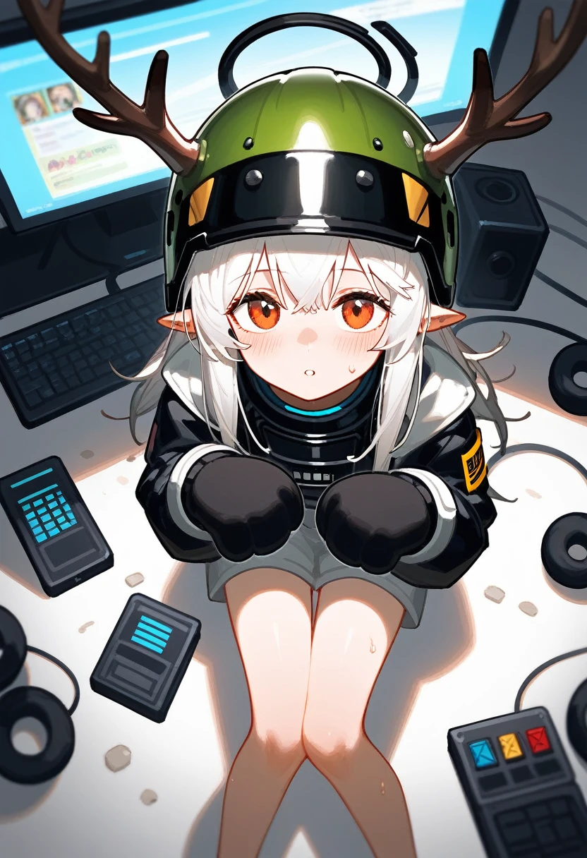 punctuation_9,punctuation_8_High above,punctuation_7_High above,1 girl,muddy stone (arknights),grimy,feet,mitts,helmet,antlers,flooras,Eyes red,Bare feet,pointy ears,breastsout,standing alone,long hair,White hair,black mitts,Toes,helmet de segurança,foco nos feet,gazing at viewer,sitting down,sweat,parted lips,grimy feet,containment,plein-air,sky,bangss,oripathy lesion (arknights),giorno,ssmile,blush,demon antlers,infection monitor (arknights),foreshortening,floor,
