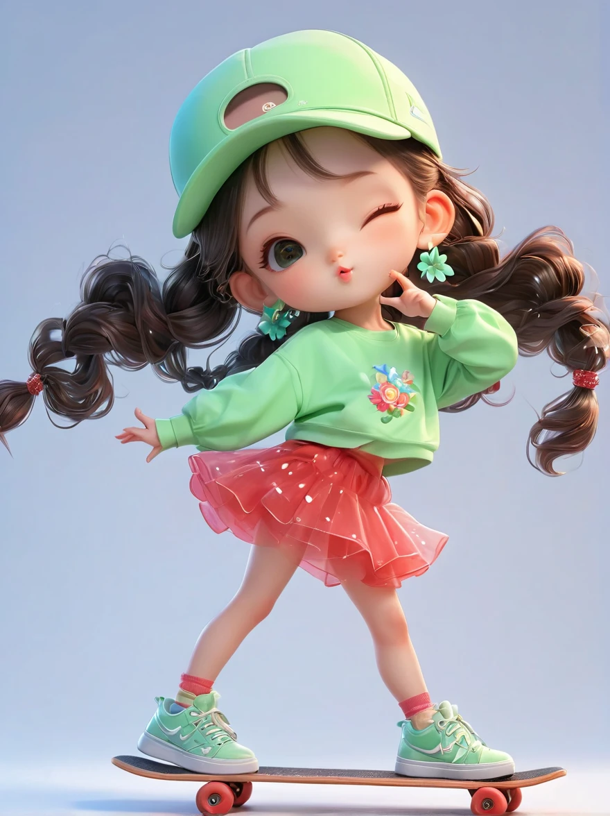 poster design, Flower elements, Starry sky elements, weird, Girl holding two hands and a hat, Dark silver, light green, red light, whole body, Corporate punk, 角色detail设计, Plush doll art style, Colorful animation stills, colorful animation stills, Garage Kit, 2D, 2D Game Art, Cute and colorful, intellectual property, 3d, C4D, Blender, Unreal Engine, 8K, OC Renderer, Excellent lighting, Chiaroscuro, detail, Art Award, Light, Ultra HD, 3d rendering, Realistic design, best quality, Holding coffee cup,whole body,Standing,Wear a pair of casual sneakers,Solid color background,