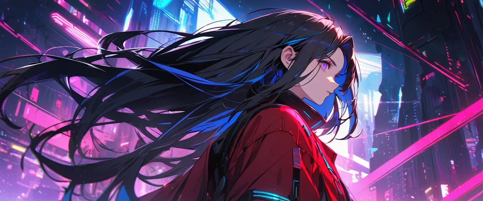Handsome, solo, 1 female, long hair, black hair, blue highlights on hair tips, purple eyes, black shirt, red robe, futuristic, cyberpunk, fly