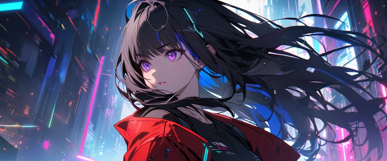 Handsome, solo, 1 female, long hair, black hair, blue highlights on hair tips, purple eyes, black shirt, red robe, futuristic, cyberpunk, fly