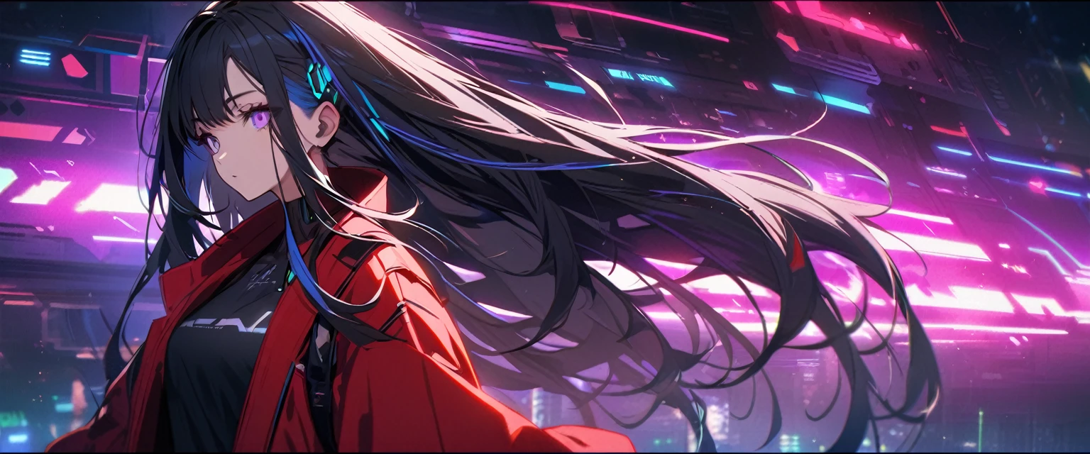 Handsome, solo, 1 female, long hair, black hair, blue highlights on hair tips, purple eyes, black shirt, red robe, futuristic, cyberpunk, fly