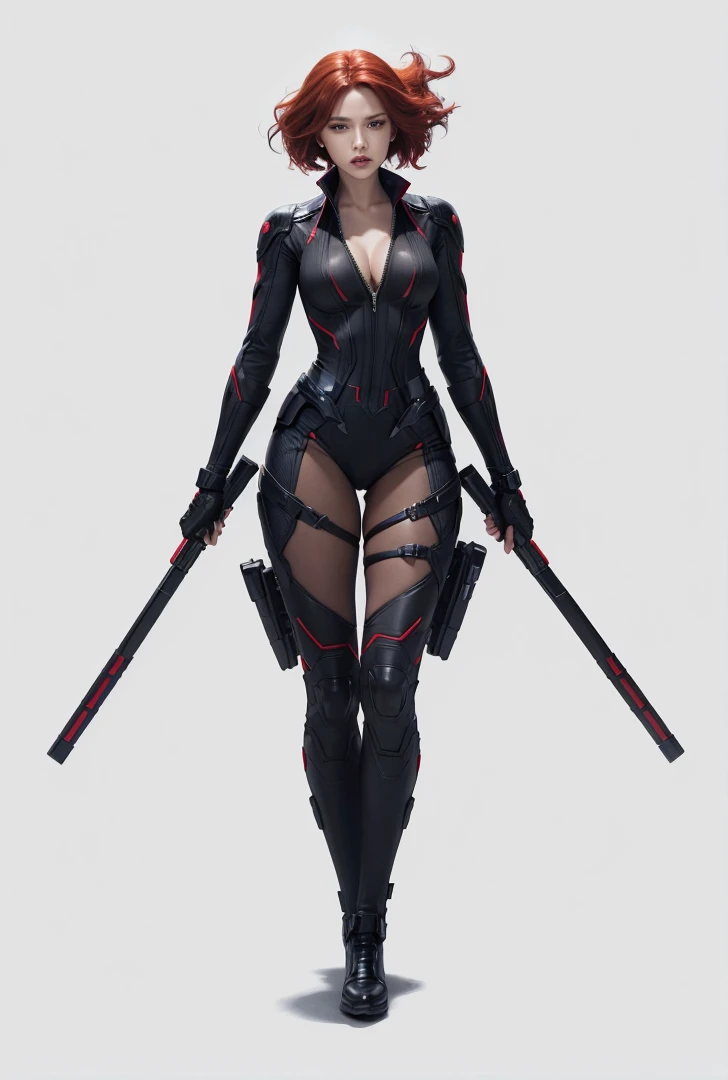 black widow from marvel, beautiful woman, high detail image, black suit, high detail on suit, high definition image, large image, red hair