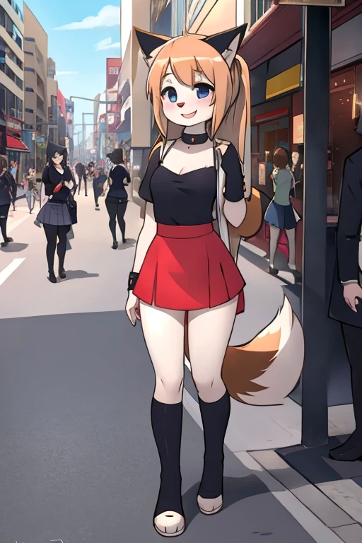 girl, the debt, furry, queue not so long, fluffy tail, happy, on the street, during the day, natural lights, Tight neckline, mini skirt