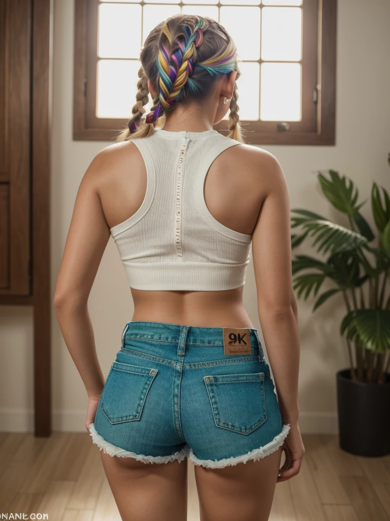 a highly detailed, full body cinematic photo shoot of a cute 9-year-old teen influencer with a mix of Christina Aguilera and Britney Spears facial features, barely green eyes, a few freckles, and a trendy short haircut. She has an tiny body with measurements 30-20-30 and a sweet and innocent look. The photo is taken from the back, 8k UHD, croped shirt, booty shorts, nice thigh highs, small ass, buenos senos, multicolored hair, twin braids, multicolored hair, soft lighting, film grain, pov, Nikon, high quality, UHD, highres, textured skin, super detail, anatomically correct