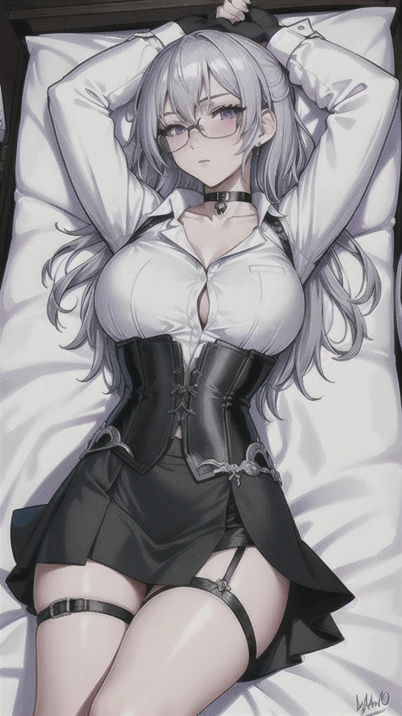 Masterpiece, Beautiful art, professional artist, 8k, art style by sciamano240, rostro de Bronya Zaychik, detailed body, Very detailed face, very detailed eyes, Detailed clothing, detailed fabric, Best Quality, better resolution, 1 girl, View from above, lying on a bed, big breasts, serious expression, at night , silver hair, glasses, choker:1.6, (long sleeve white collar buttoned shirt), (shiny black corset), black gloves covering your hands, (shiny tight mini skirt), looking at the viewer, elegant room, at night