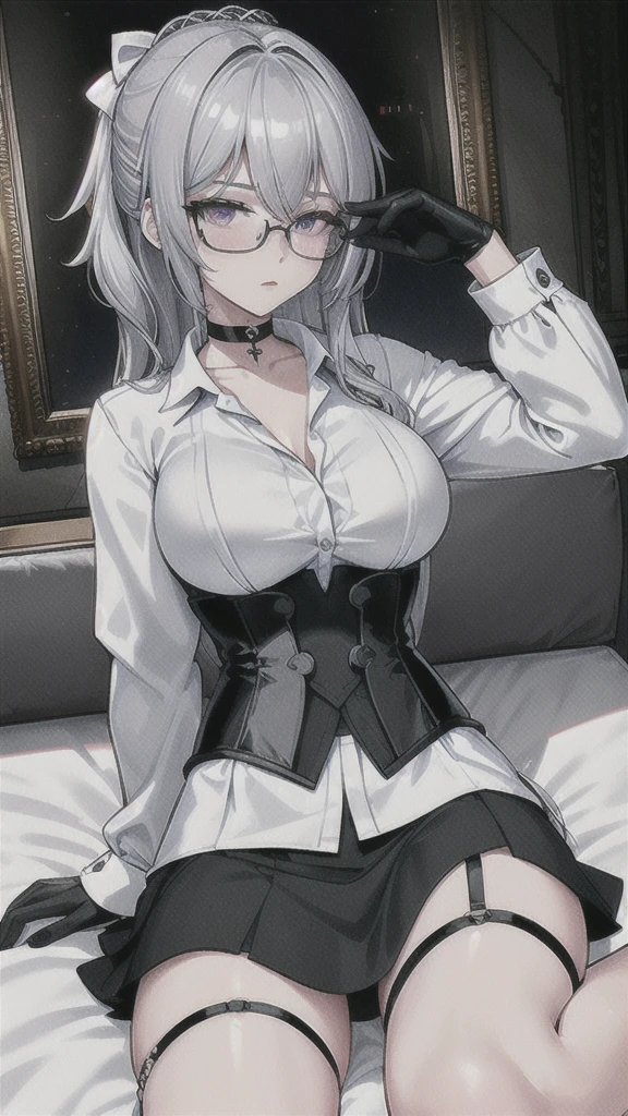 Masterpiece, Beautiful art, professional artist, 8k, art style by sciamano240, rostro de Bronya Zaychik, detailed body, Very detailed face, very detailed eyes, Detailed clothing, detailed fabric, Best Quality, better resolution,  1 girl, View from above, lying on a bed, big breasts, serious expression,  at night , silver hair, glasses, choker:1.6, (long sleeve white collar buttoned shirt), (shiny black corset), black gloves covering your hands, (shiny tight mini skirt), looking at the viewer, elegant room, at night
