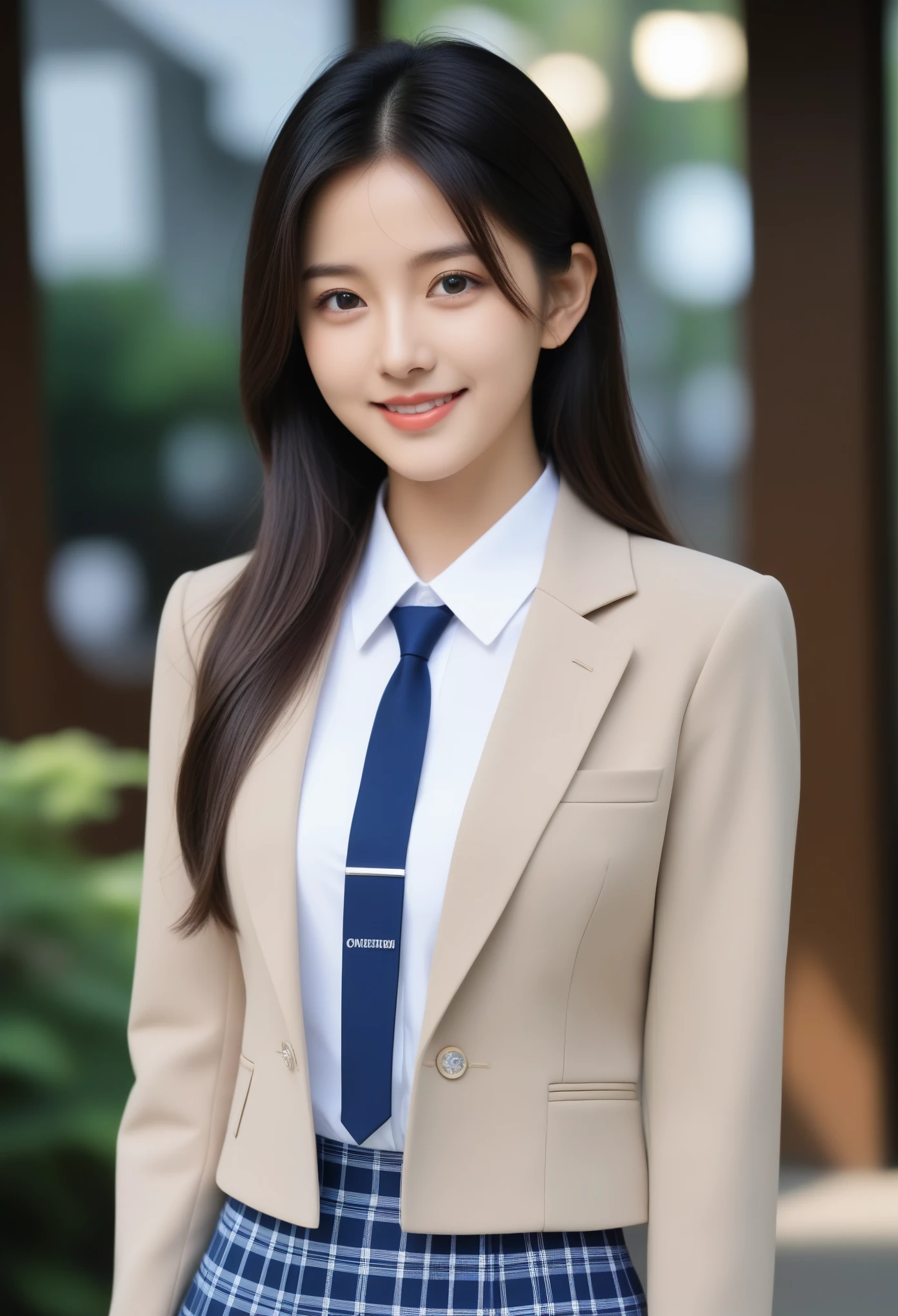 8K, Ultra-high resolution, Highest quality, masterpiece, 三分割法によるphotograph,Surreal, photograph, 1 Girl, (16 years old:1.3), pretty girl, Cute face, Beautiful eyes in every detail, 細かくdetailedに,masterpiece,, One Girl:1.2, Japan Female Announcer、Cowboy Shot,((very small head:1.3)),Center-parted bangs,amount,Black Hair,Long Hair,Iris,Gorgeous eyes,smile,((Toned body,Slender body,skinny)),(school uniform、Dark blue blazer jacket、Navy blue tie、Grey plaid pleated mini skirt),Glowing Skin,Shiny skin,Urban area,street tree,Full of sex appeal,Sensual,屈託のないsmile,Heal the heart,Looking at the audience、beauty,Long neck、Laugh a little、Please close your mouth and laugh、(((Ideal body type))),A cup small breasts :2,、Portraiture:2、Perfect ???????、鮮明なdetailed、detailed、Surreal、Light and shadow,Strong light
