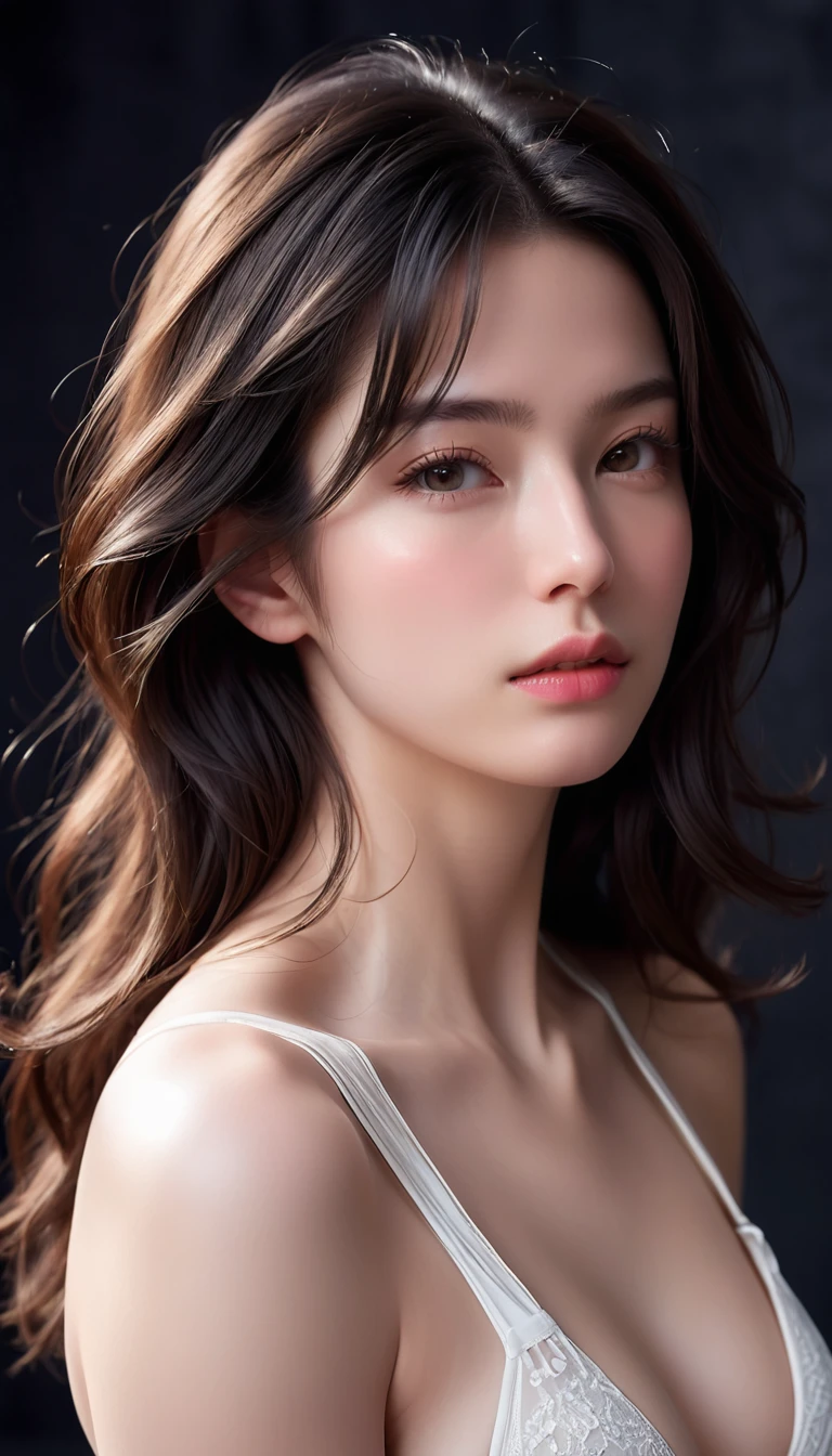 ((Masterpiece with up to 16K resolution:1.6)), beautiful, top quality, exquisite, highly detailed, super high resolution, masterpiece, realistic, photorealistic, deep depth of field,
cinematic light,
One elegant MILF, long dark hair, beautiful face, highly detailed facial expression, kind facial expression, clear white skin, very delicate skin texture,
Long dark hair, Beautiful face, Very detailed facial expression, Gentle facial expression, Clear white skin, Very delicate skin texture, Excellent proportions, Anatomically correct body,
Elegant high-leg swimsuit, pure white color, detailed fabric texture,
black background,
Focus on upper body,((Face close-up:1.5)),