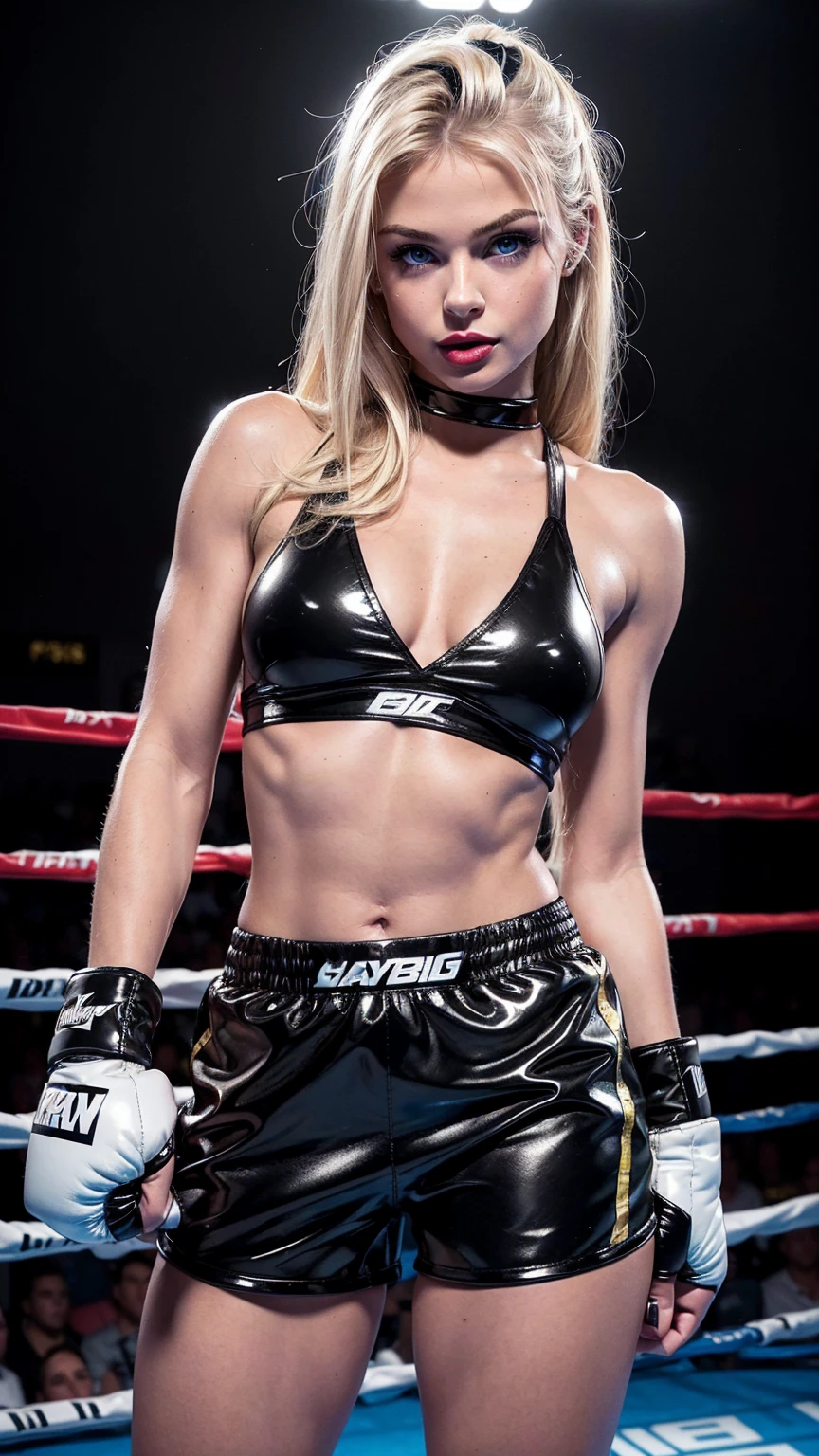 Cute young sexy blonde college bombshell, (young barbie doll face), 18 years old, blue eyes, (black boxing shorts), (short boxing shorts), (tiny bra), (black boxing boots), blue eyes, straight blonde hair, muscular arms, toned body, boxing gloves, ((glossy lipstick, heavy makeup:1.3)), ((sexy black boxing shorts:1.3)), bimbo, full lips, perfect face, slutty makeup, perky breasts, small firm breasts, intimidating pose in a boxing ring, ((full body portrait:1.3)),