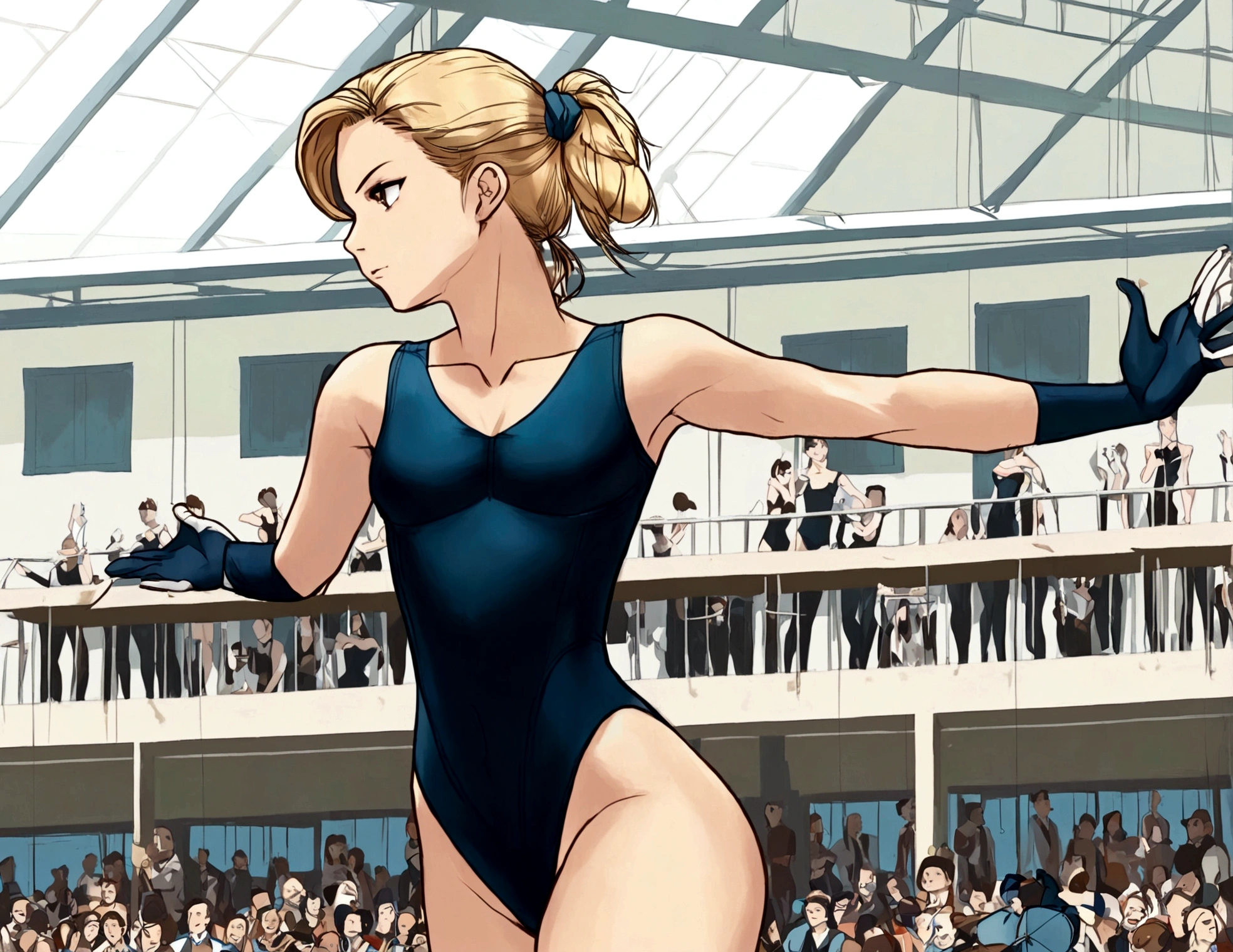 A cute woman (hair tied back, cute leotard, gloves) is performing feats of acrobatics in a gymnasium, a crowd is in the bleachers
