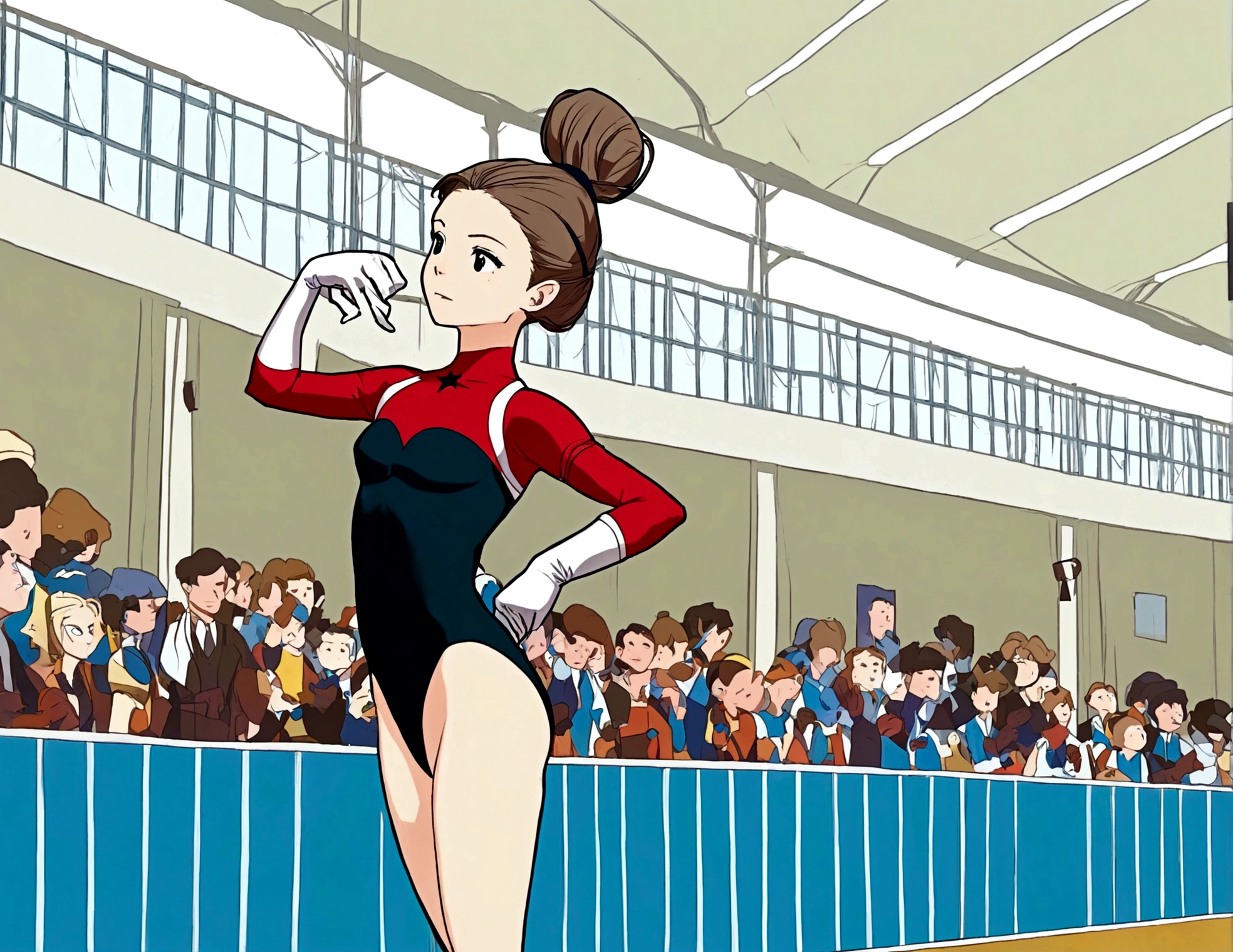 A cute woman (hair tied back, cute leotard, gloves) is performing feats of acrobatics in a gymnasium, a crowd is in the bleachers