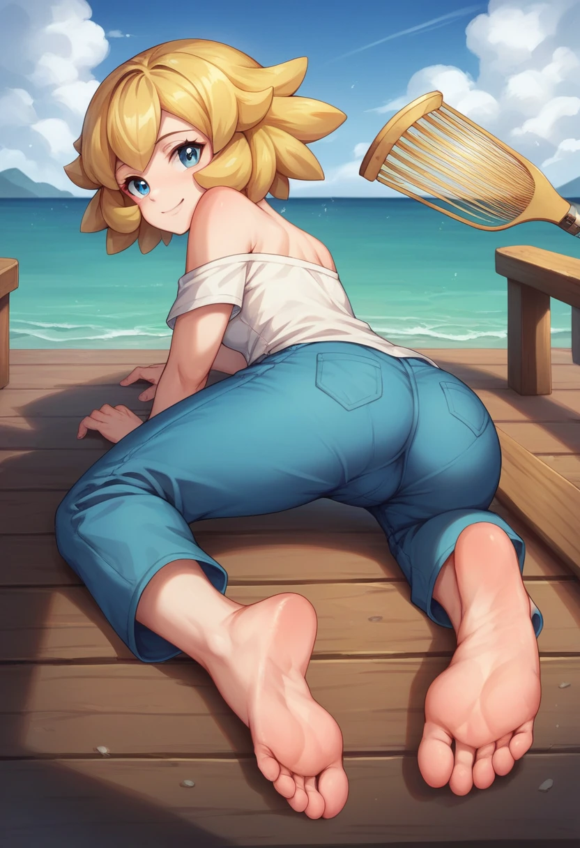 Masterpiece, Best Quality, high resolution, pier and sea in the background, A girl, alone, blue eyes, short hair, sky blue, blue bangs,funny look, sitting on the dock, smiling, (work) (pokemon), (golden comb in hair), the White shirt, bare shoulders, blue pants, legs stretched and apart, barefoot, soles colgando , head on, (soles), (view from the ground up) pies head on