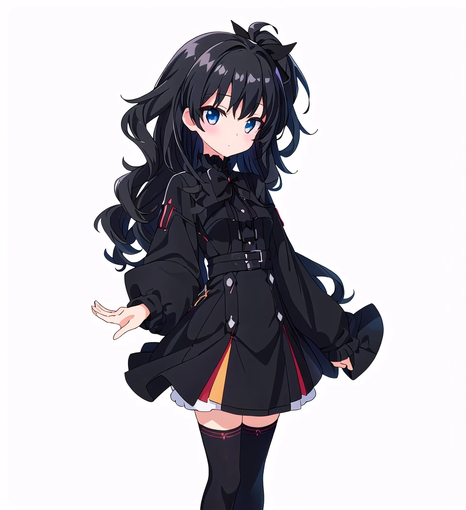 Highest quality, high resolution, High quality game art style, Official Art, whole body, Smooth game CG art, Cute 3D anime girl render, Visual Novel Sprites, White background, whole body, Smooth anime CG art, humanoid woman, JRPG Characters, Anime girl in a black dress and black coat, Gothic ,Long skirt, White knee-high socks,Black Haired Anime Girl, Black Ribbon, black eye, Thin legs. Wavy Hair. long hair, Small Bust, Small breastears old,