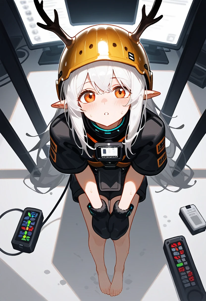 punctuation_9,punctuation_8_High above,punctuation_7_High above,1 girl,muddy stone (arknights),grimy,feet,mitts,helmet,antlers,flooras,Eyes red,Bare feet,pointy ears,breastsout,standing alone,long hair,White hair,black mitts,Toes,helmet de segurança,foco nos feet,gazing at viewer,sitting down,sweat,parted lips,grimy feet,containment,plein-air,sky,bangss,oripathy lesion (arknights),giorno,ssmile,blush,demon antlers,infection monitor (arknights),foreshortening,floor,