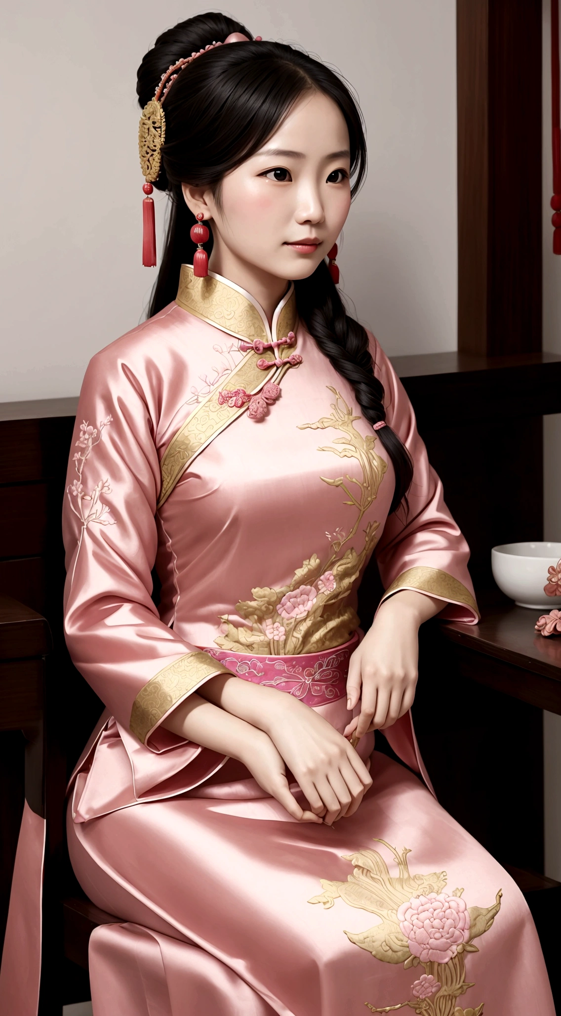 Create a picture of a woman wearing a pink traditional Chinese dress, ancient Chinese accessories. sitting and embroidering