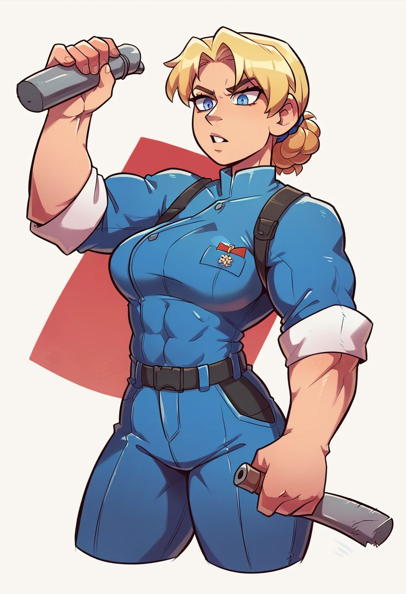 woman strong, musclegirl, blondie hair, blue colored eyes, Russian traits, russian clothes, holding a hatchet
