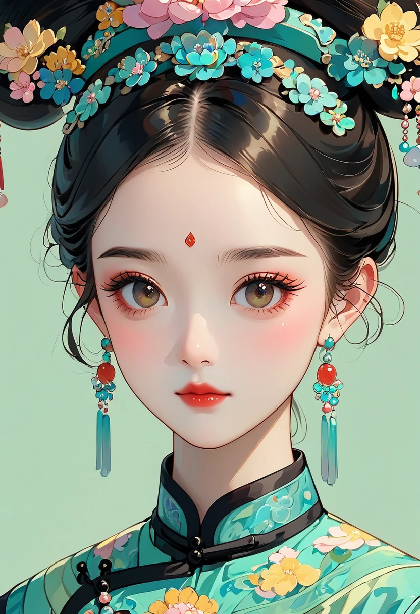 a gongbi painting of a chinese cartoon-like girl with black hair, Qing Dynasty style, exquisite headdress, cute face, close-up, in the style of cartoonish lithographs, extremely minimalism portrait, animated gif, rich details, crisp lines, fairy kei, dark blue and yellow and light cyan, matte light green background