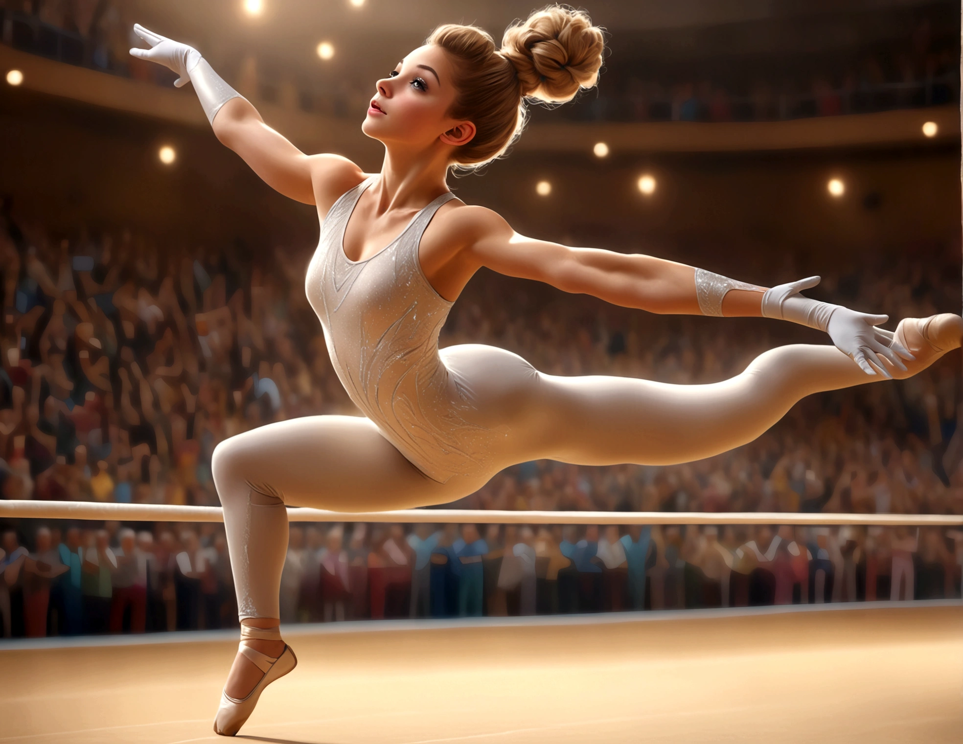 A cute woman with her hair tied back, wearing a cute leotard and gloves, performing feats of acrobatics in a gymnasium, a crowd watching from the bleachers, (best quality,4k,8k,highres,masterpiece:1.2),ultra-detailed,(realistic,photorealistic,photo-realistic:1.37),HDR,UHD,studio lighting,ultra-fine painting,sharp focus,physically-based rendering,extreme detail description,professional,vivid colors,bokeh,highly detailed,photorealistic,elegant,dynamic pose,athletic,gymnastics,acrobatics,crowd,bleachers,gymnasium,beautiful detailed eyes,beautiful detailed lips,extremely detailed eyes and face,long eyelashes,1girl