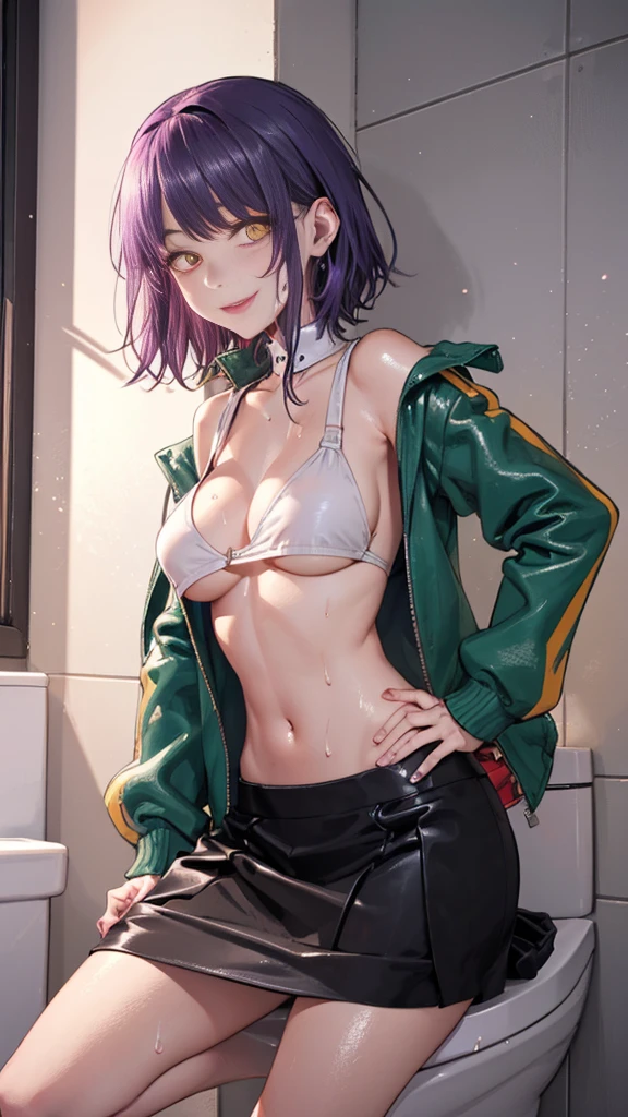 young ebony girl, black skin, purple hair, high ponytail, yellow eyes, White leather jacket, skirt, open belly, big breasts、underboob, bewitching smile, masterpiece, high quality、((dimly lit park toilet、seductive pose))、heavy makeup、Shiny light pink strong lipstick、detailed background、(((sweat))),