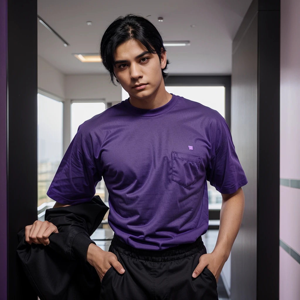 Young man with black hair serious black eyes wearing a purple security guard t-shirt and purple pants