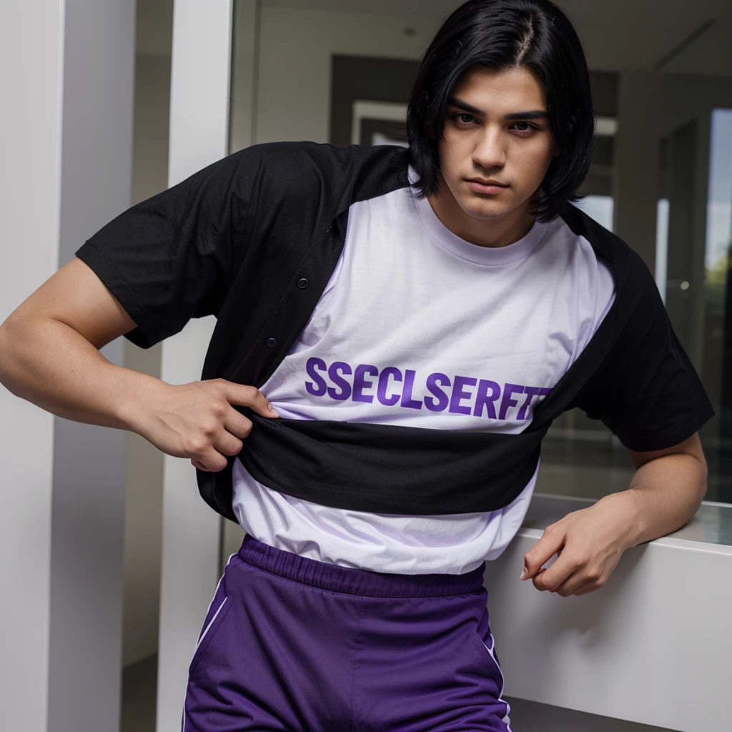 Young man with black hair serious black eyes wearing a purple security guard t-shirt and purple pants 