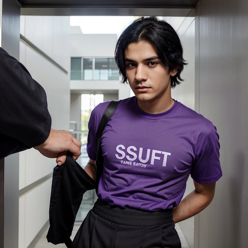 Young man with black hair serious black eyes wearing a purple security guard t-shirt and purple pants