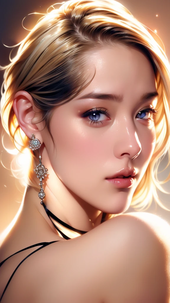 ((best quality)), ((ultra res)), ((photorealistic)), (intricate details), 19 years old, blonde hair, perfect face, make up:1.5, light on face, face detail, NAKED, short hair,