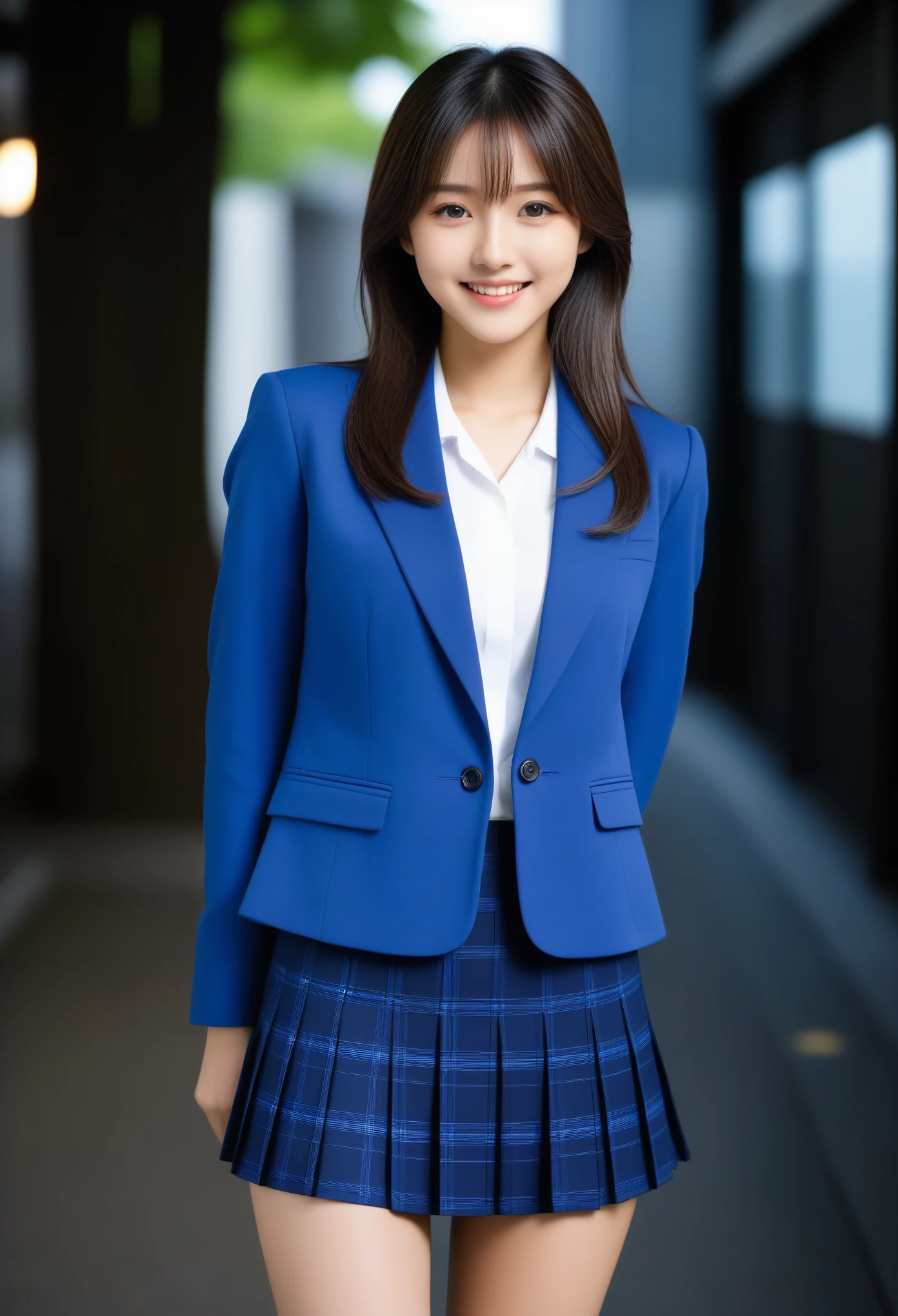 8K, Ultra-high resolution, Highest quality, masterpiece, 三分割法によるphotograph,Surreal, photograph, 1 Girl, (:1.3), pretty girl, Cute face, Beautiful eyes in every detail, 細かくdetailedに,masterpiece,, One Girl:1.2, Japan Female Announcer,whole body,((very small head:1.3)),Center-parted bangs,amount,Black Hair,Long Hair,Iris,Gorgeous eyes,smile,((Toned body,Slender body,skinny)),(school uniform、Dark blue blazer jacket、Navy blue tie、Grey plaid pleated mini skirt),Glowing Skin,Shiny skin,Beautiful leg line beauty,Urban area,street tree,Full of sex appeal,Sensual,屈託のないsmile,Heal the heart,Looking at the audience、beauty,Long neck、Laugh a little、Please close your mouth and laugh、(((Ideal body type))),A cup small breasts :2,、Portraiture:2、Perfect Anatomy、鮮明なdetailed、detailed、Surreal、Light and shadow,Strong light