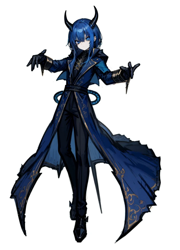 1boy, blue eyes, blue hair, wizard clothes, demon horns, nice clothes, (high resolution, high detail, best quality), 
black background, serious,