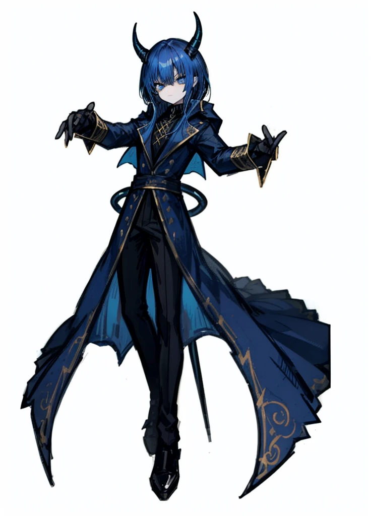 1boy, blue eyes, blue hair, wizard clothes, demon horns, nice clothes, (high resolution, high detail, best quality),
black background, serious,