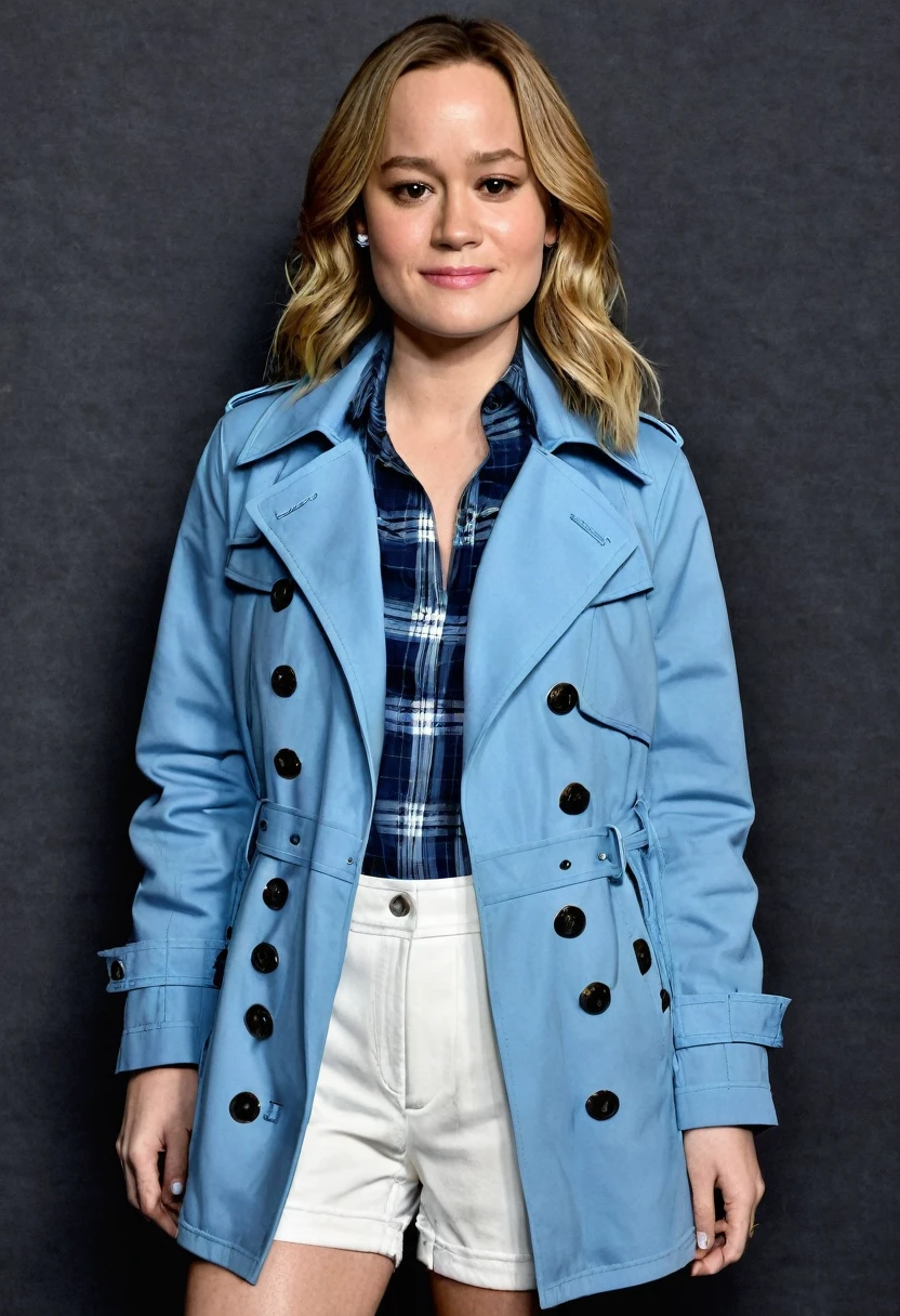 Black background. Brie Larson wearing a blue trench coat, a blue plaid shirt, and a pair of white compressed shorts.